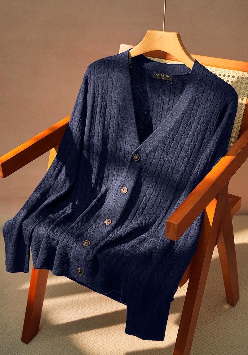 Kallspin Men's Cardigan Sweater Wool Blend Cable Knit V Neck Buttons Cardigan with Pockets(Navy Blue, Large) - Image 4
